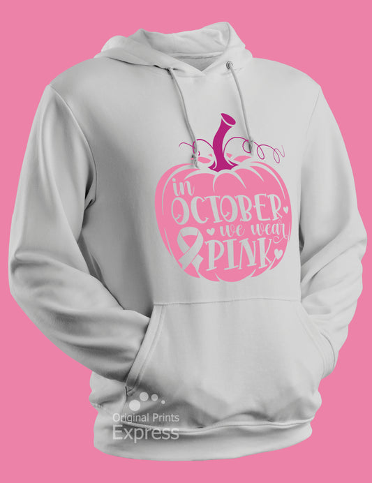 In October we wear pink hoodie breast cancer awareness month pink black sweater fall outfit woman girl designs