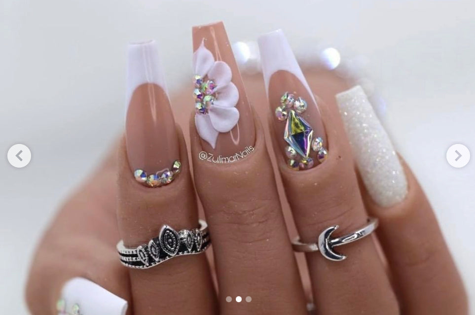 WHITE SUGAR EFFECT 3D FLOWER HAND MADE NAIL ART