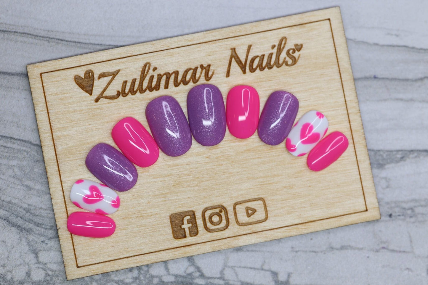 PINK PURPLE WHITE HEARTS NAIL ART 💕