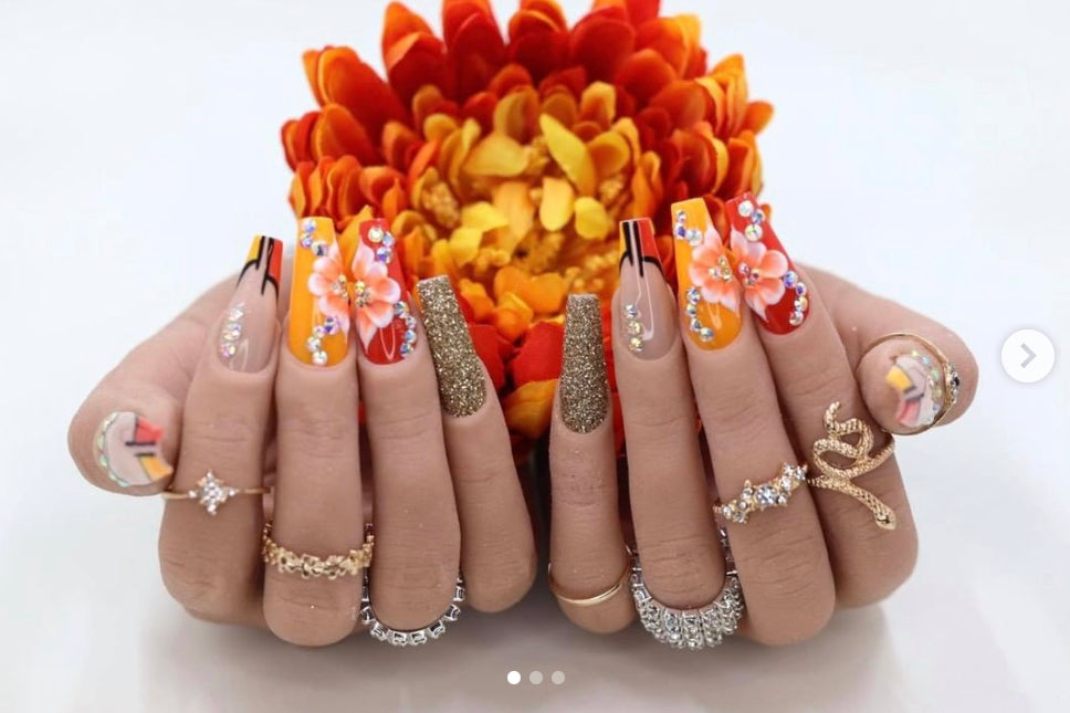 ORANGE 3D FLOWERS HANDMADE NAIL ART