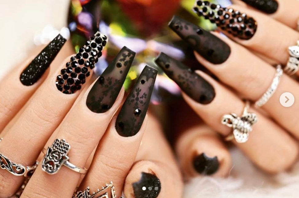 BLACK ON BLACK MATTE HAND PAINTED NAIL ART