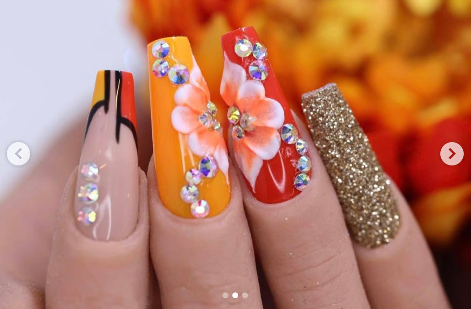 ORANGE 3D FLOWERS HANDMADE NAIL ART