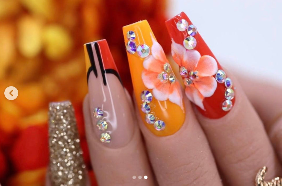 ORANGE 3D FLOWERS HANDMADE NAIL ART