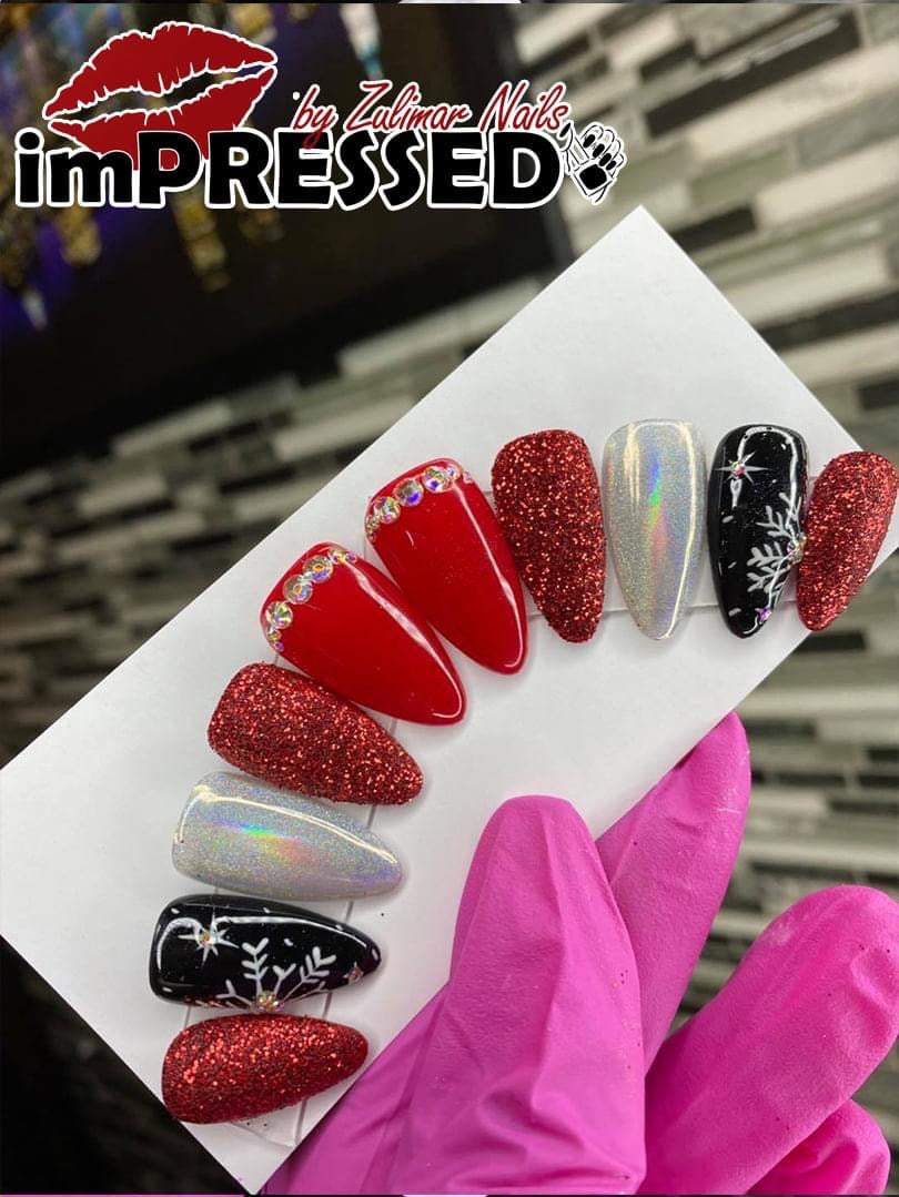 RED GLITTER SILVER CHROME NAIL ART