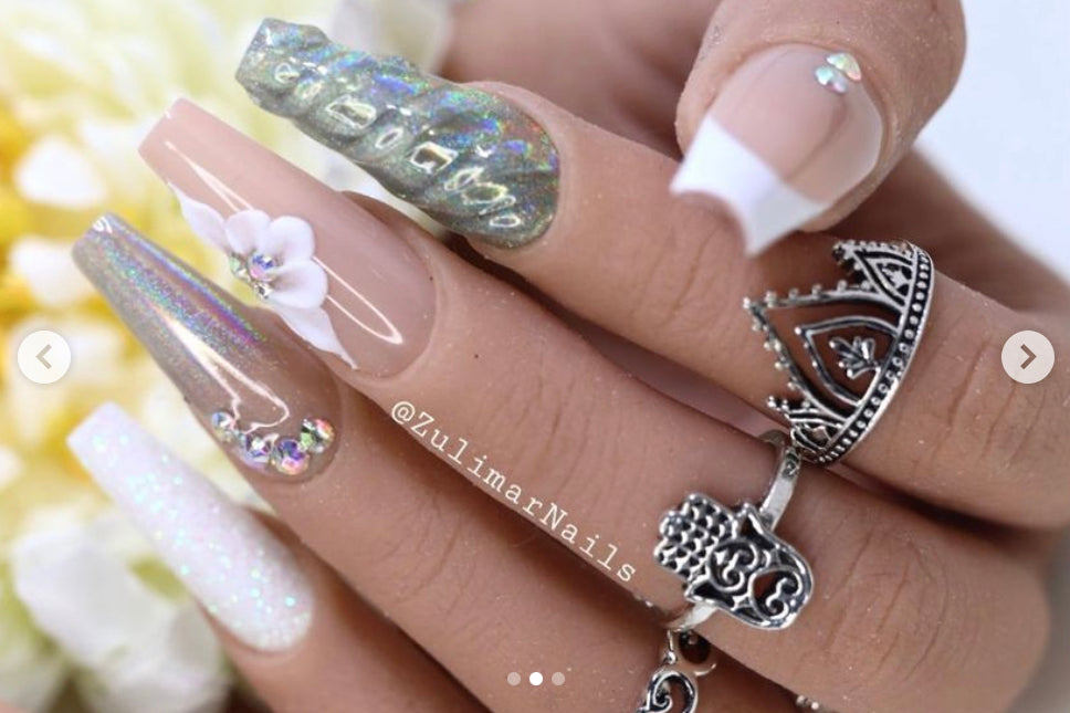 UNICORN CHROME SILVER WHITE 3D FLOWER HANDMADE NAILS