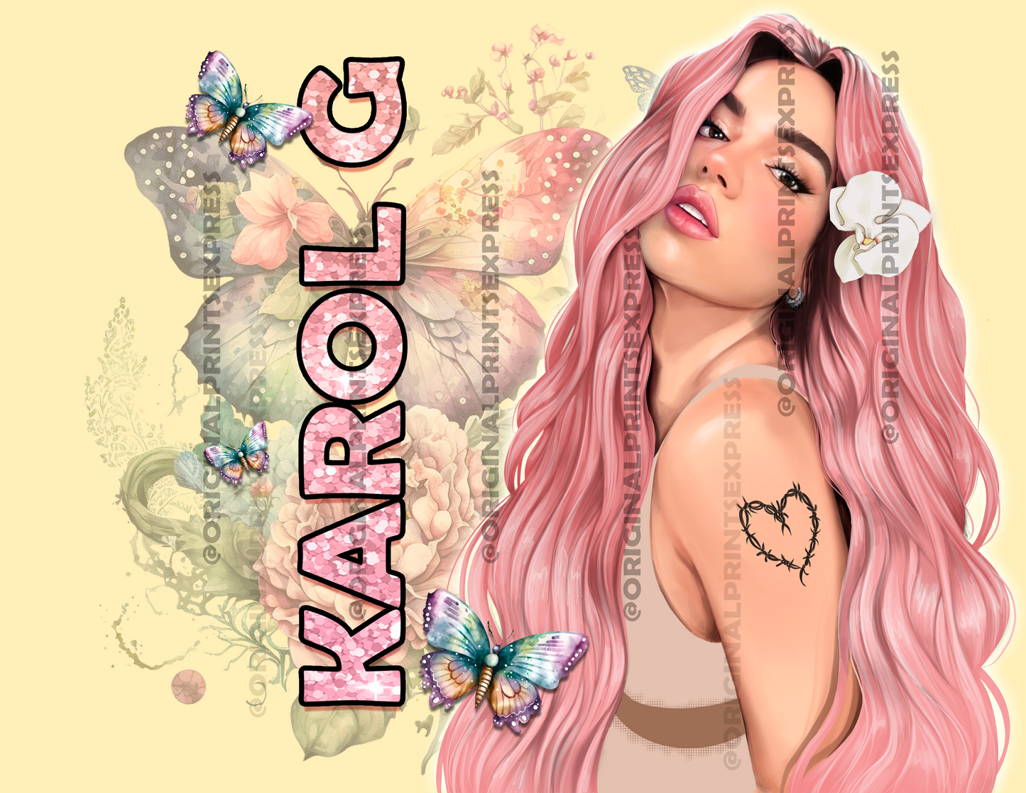 KAROL G PINK HAIR 20 OZ TUMBLER WRAP | VASO DE KAROL G CON PELO ROSA | IMAGEN ARCHIVO PNG CON CABELLO ROSADO