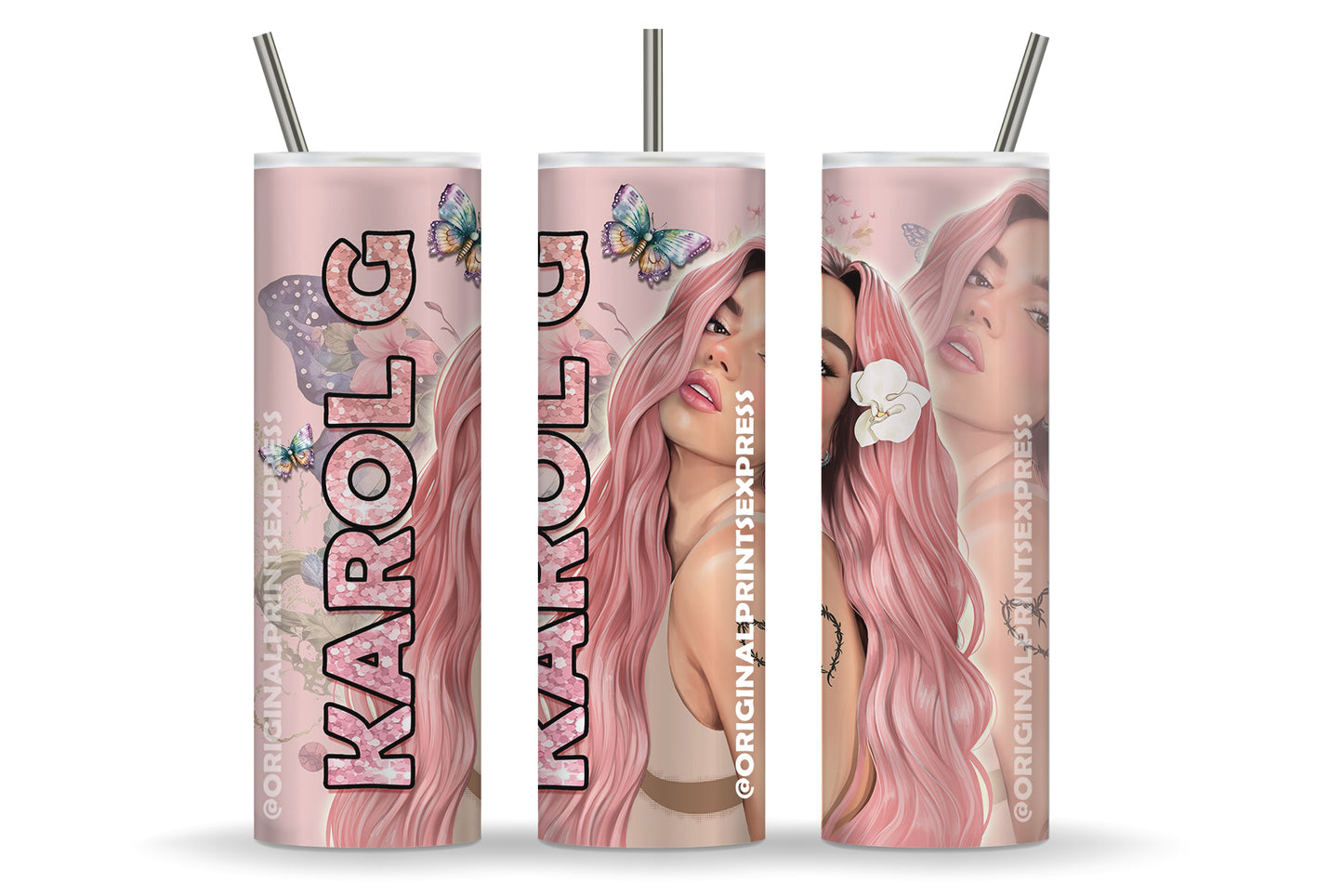 KAROL G PINK HAIR 20 OZ TUMBLER WRAP | VASO DE KAROL G CON PELO ROSA | IMAGEN ARCHIVO PNG CON CABELLO ROSADO