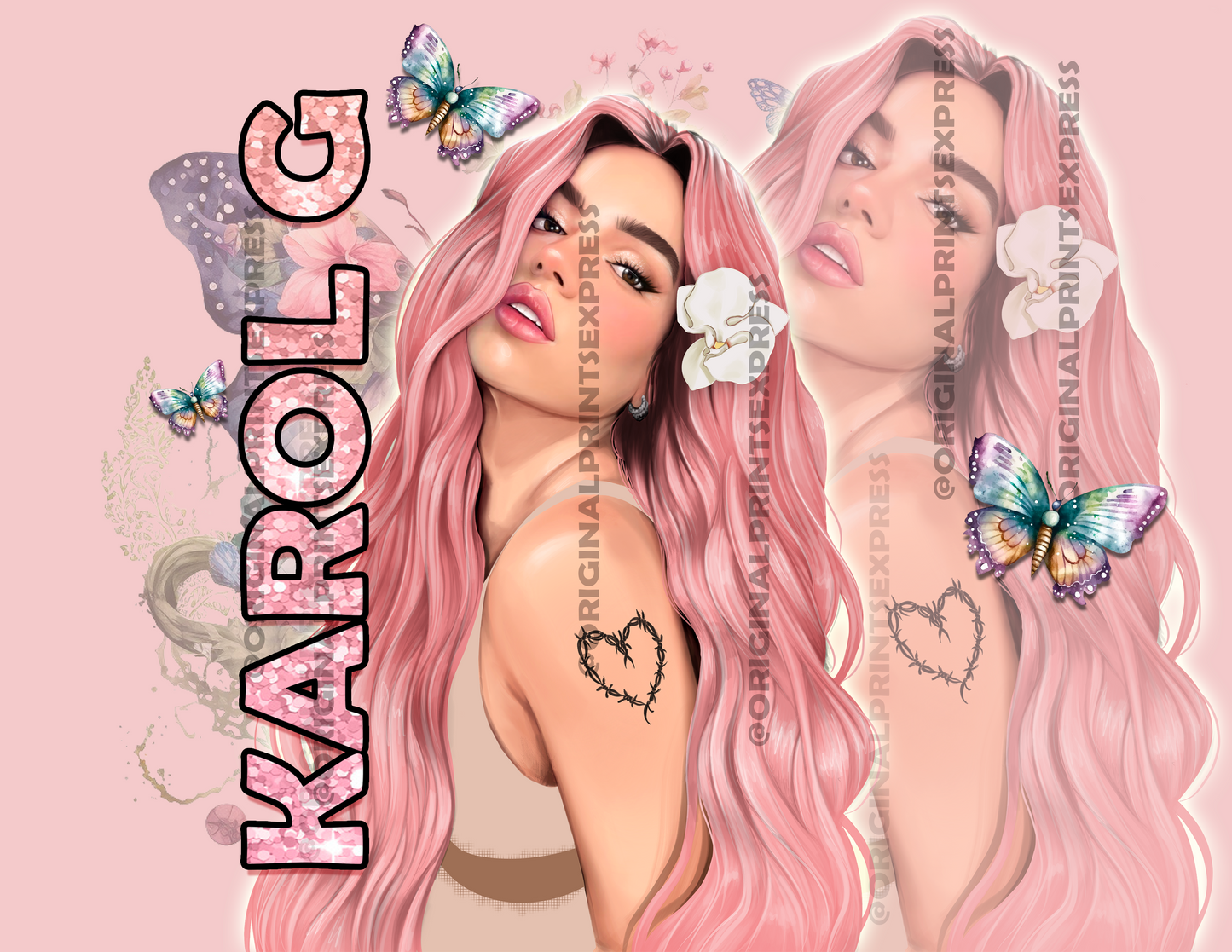 KAROL G PINK HAIR 20 OZ TUMBLER WRAP | VASO DE KAROL G CON PELO ROSA | IMAGEN ARCHIVO PNG CON CABELLO ROSADO