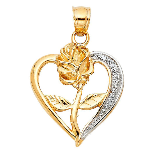 14K 2T Heart with Rose Pendant