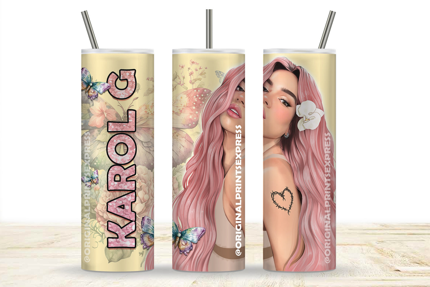 KAROL G PINK HAIR 20 OZ TUMBLER WRAP | VASO DE KAROL G CON PELO ROSA | IMAGEN ARCHIVO PNG CON CABELLO ROSADO