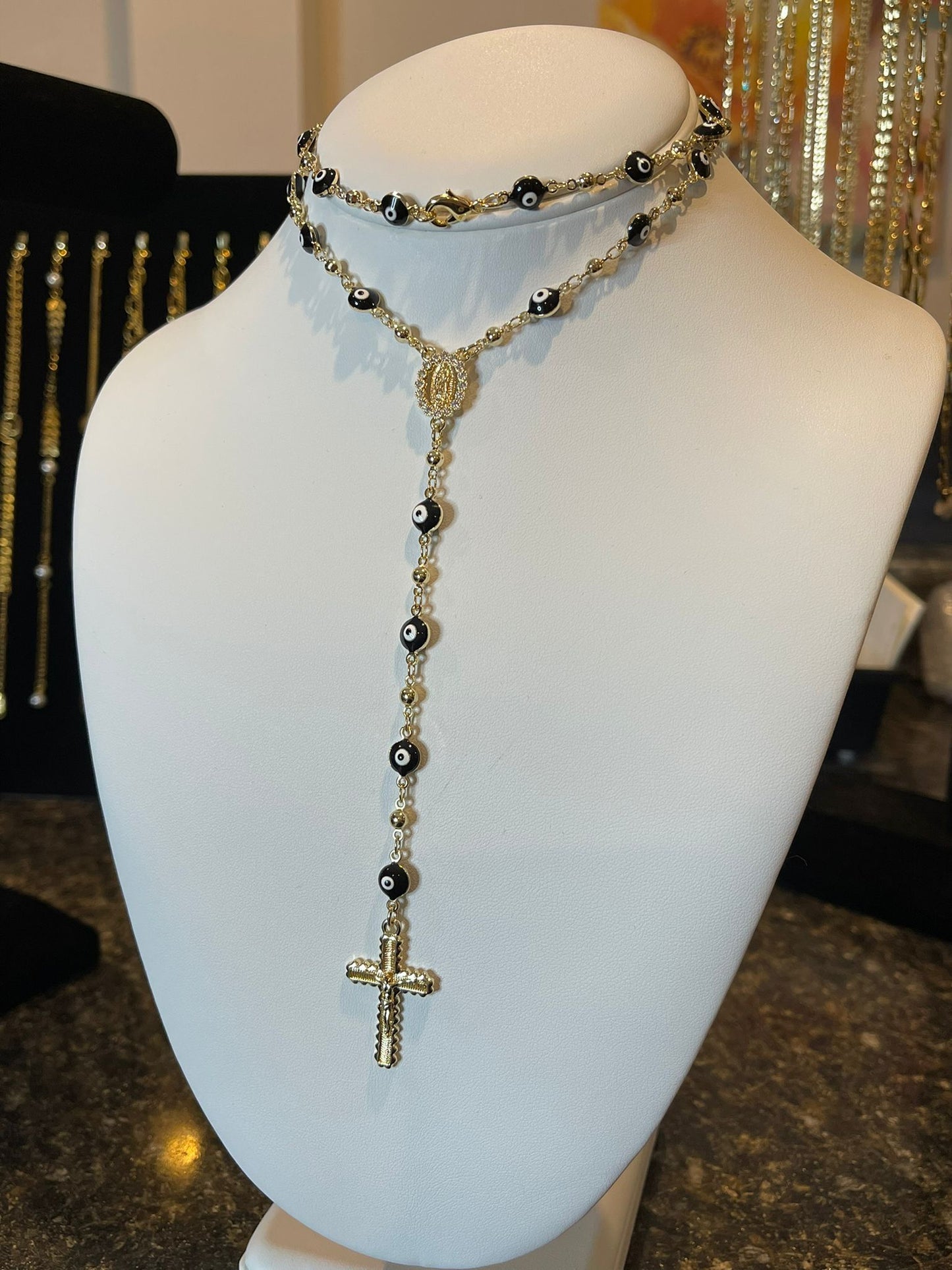 18k Layered Gold Plated Tri Color Religious Virgin Mary Rosary Cross Chain Necklace