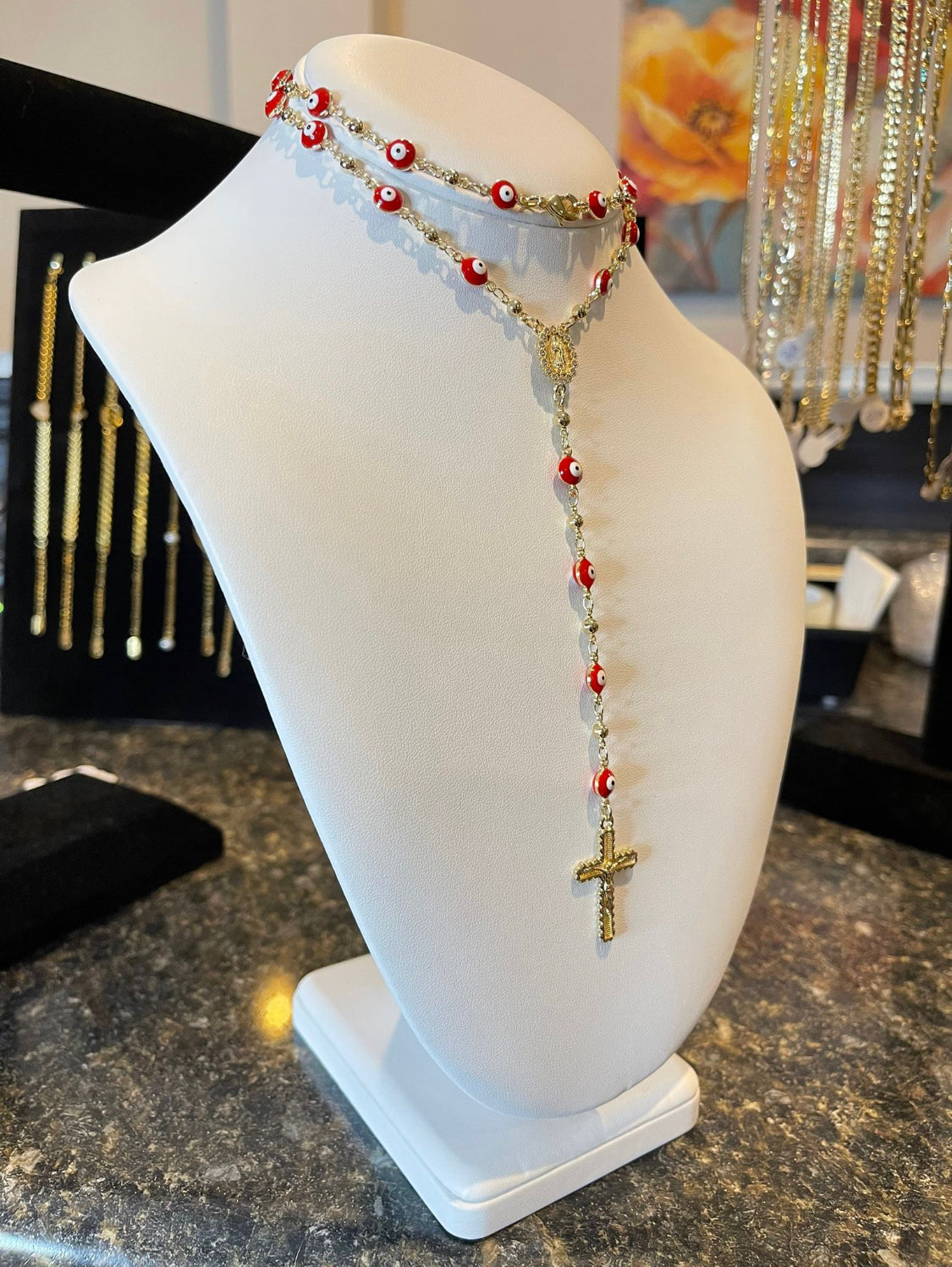 18k Layered Gold Plated Tri Color Religious Virgin Mary Rosary Cross Chain Necklace