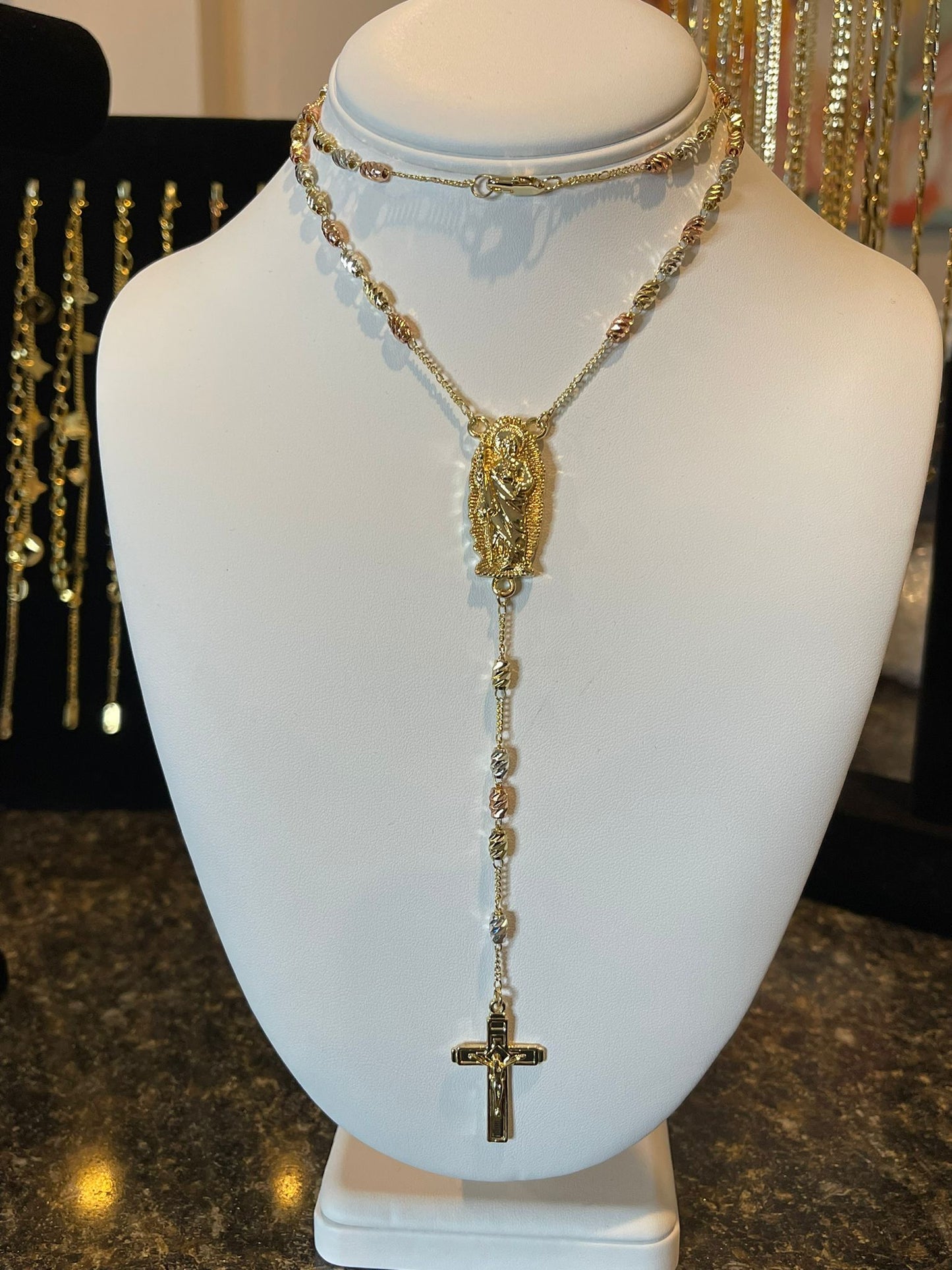 18k Layered Gold Plated Tri Color Religious Virgin Mary Rosary Cross Chain Necklace