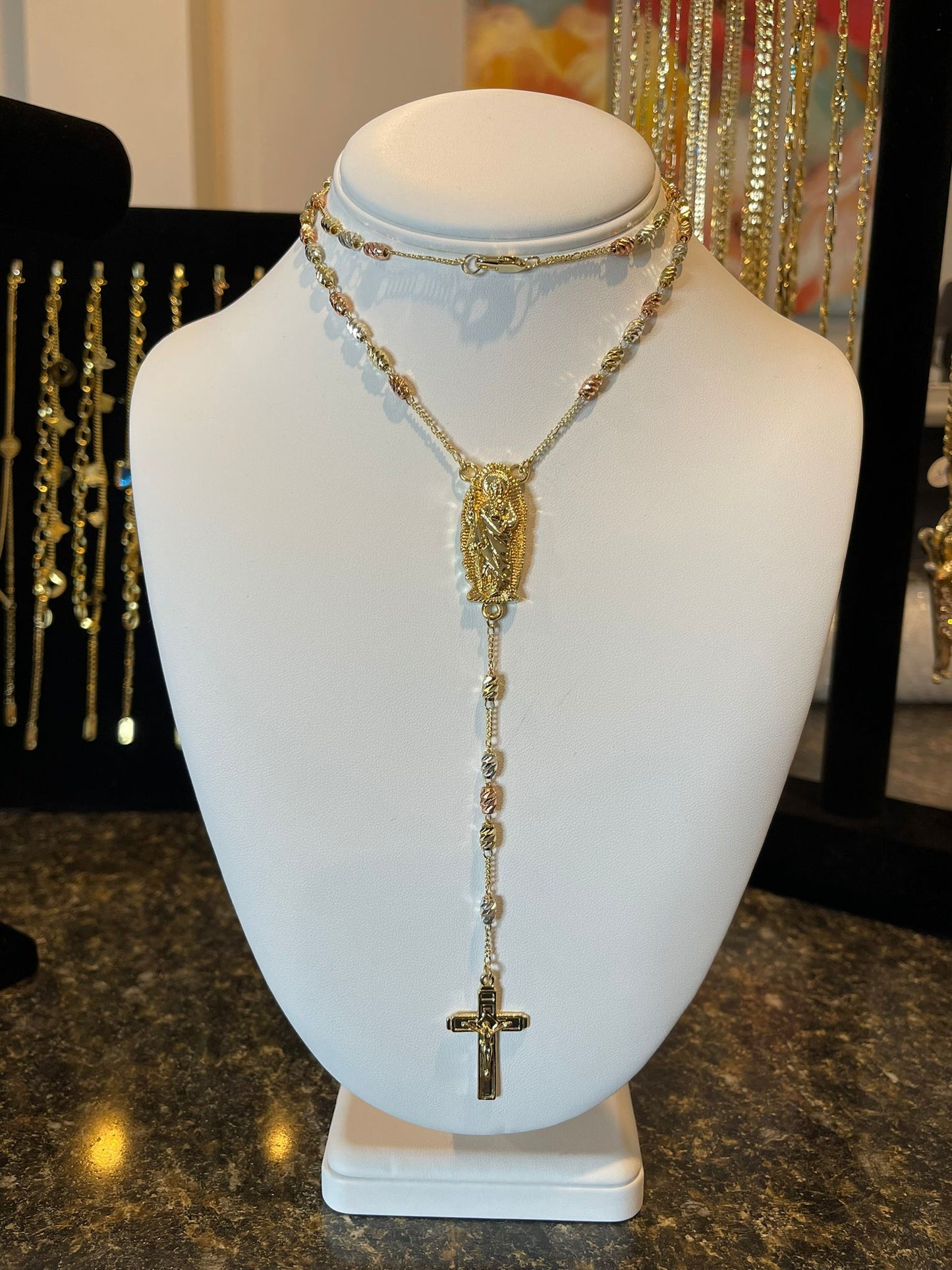 18k Layered Gold Plated Tri Color Religious Virgin Mary Rosary Cross Chain Necklace